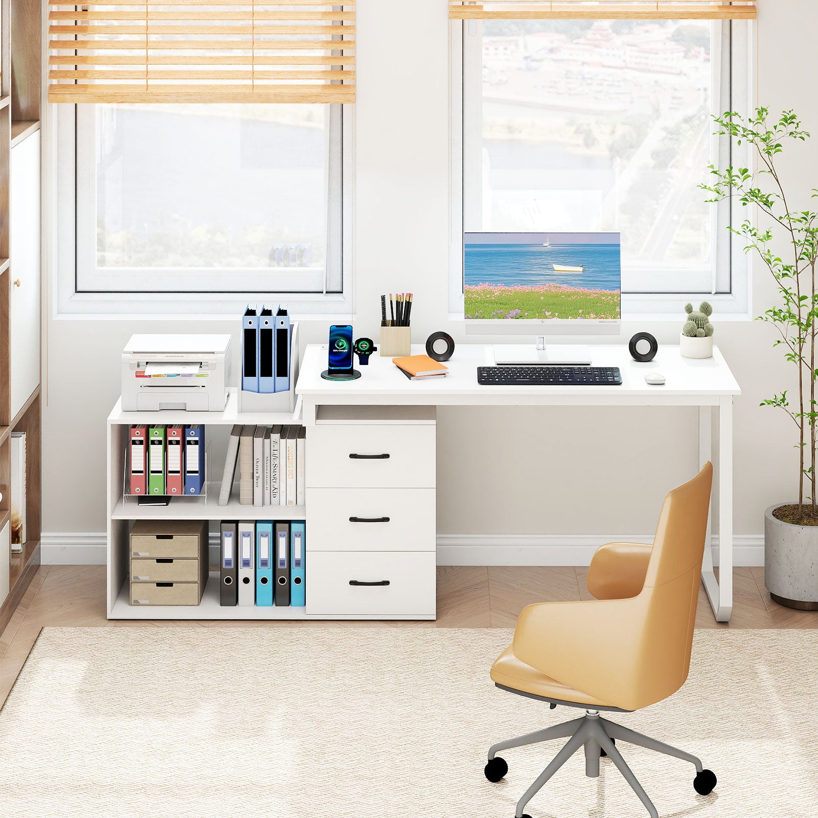 55 Inch Reversible L Shaped Desk with 3 Drawers Home Office Desk with Adjustable Shelf-White