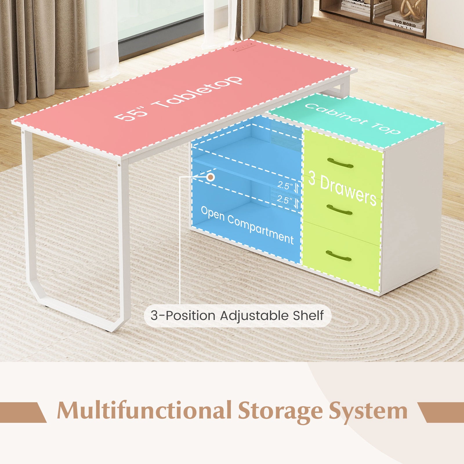 55 Inch Reversible L Shaped Desk with 3 Drawers Home Office Desk with Adjustable Shelf-White