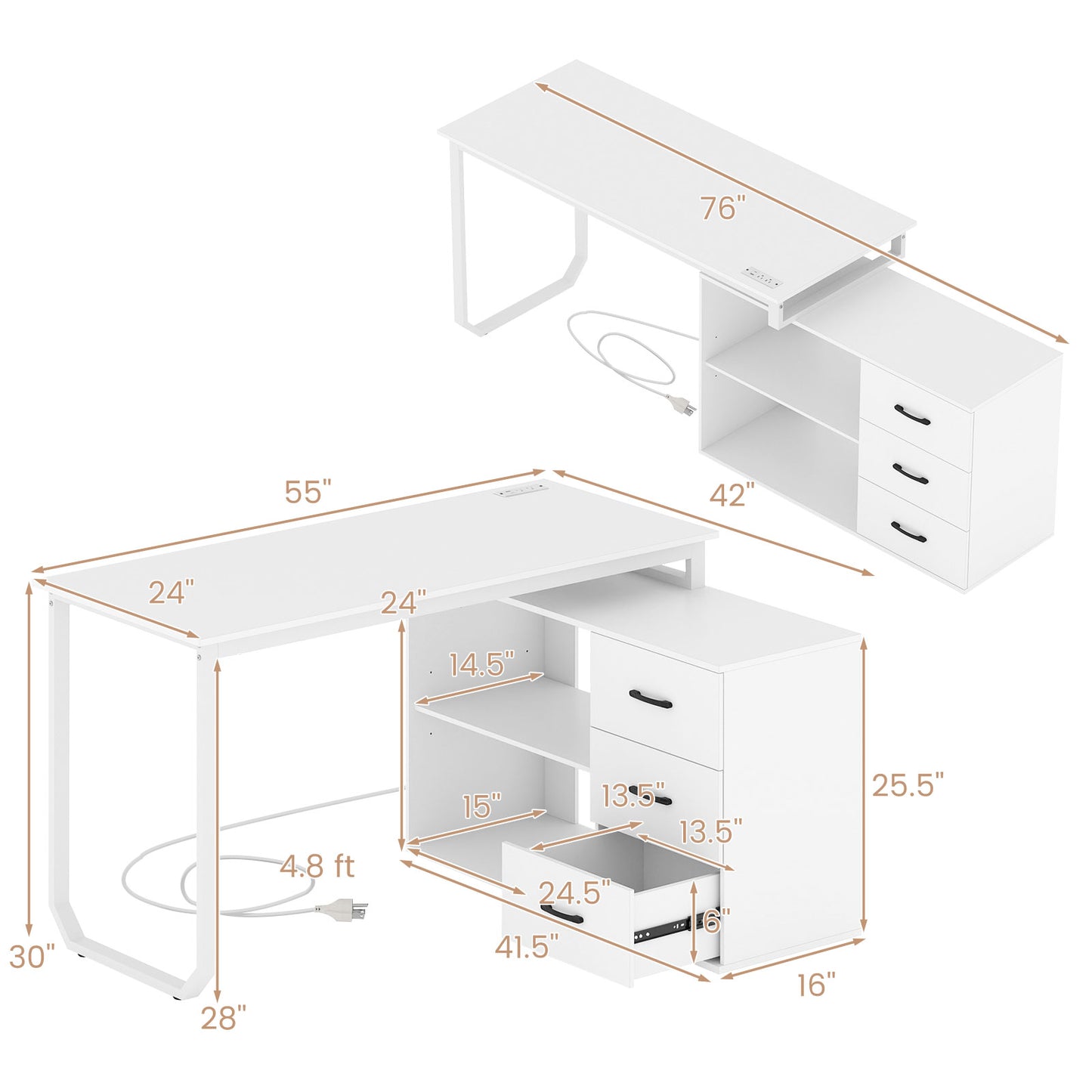 55 Inch Reversible L Shaped Desk with 3 Drawers Home Office Desk with Adjustable Shelf-White