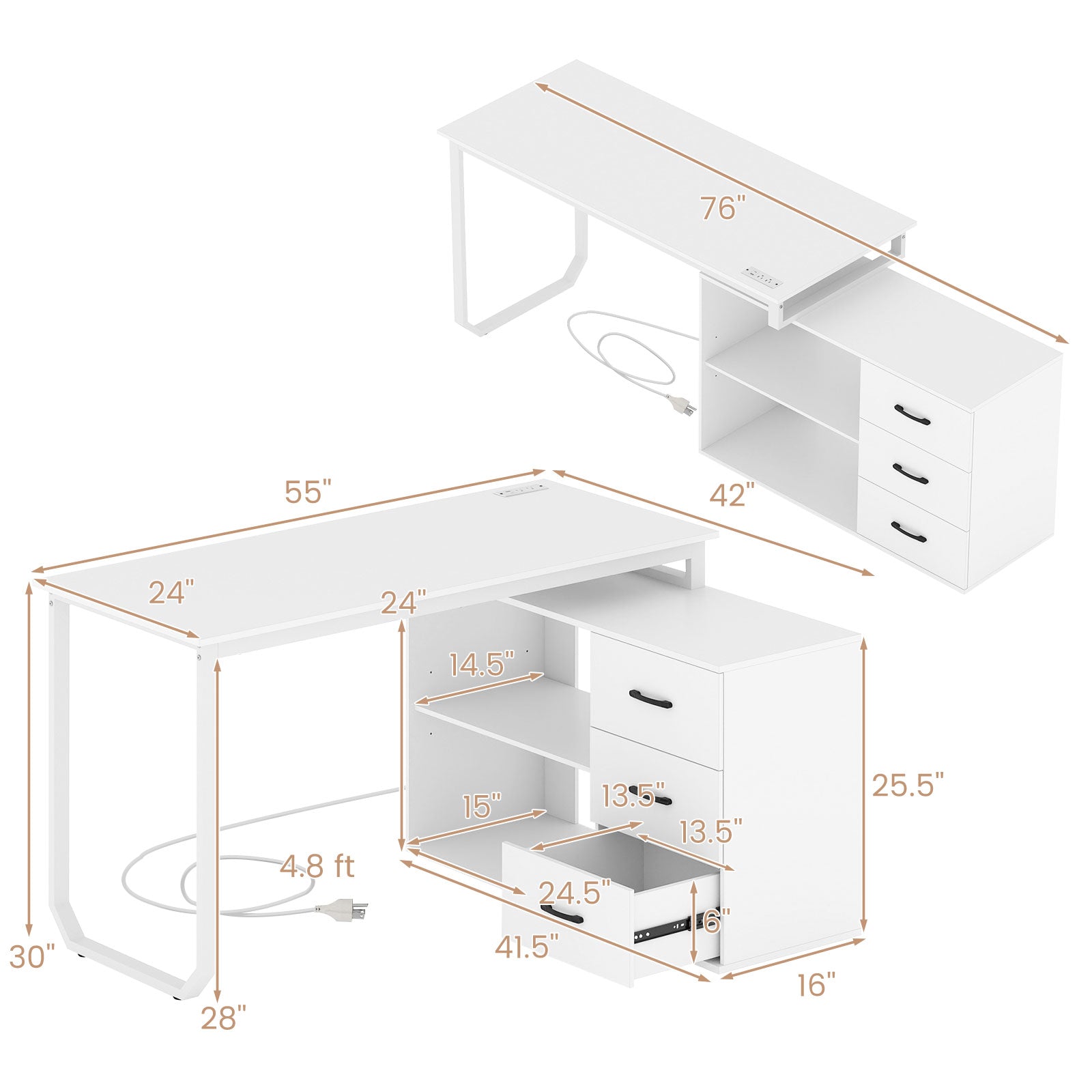 55 Inch Reversible L Shaped Desk with 3 Drawers Home Office Desk with Adjustable Shelf-White