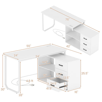 55 Inch Reversible L Shaped Desk with 3 Drawers Home Office Desk with Adjustable Shelf-White