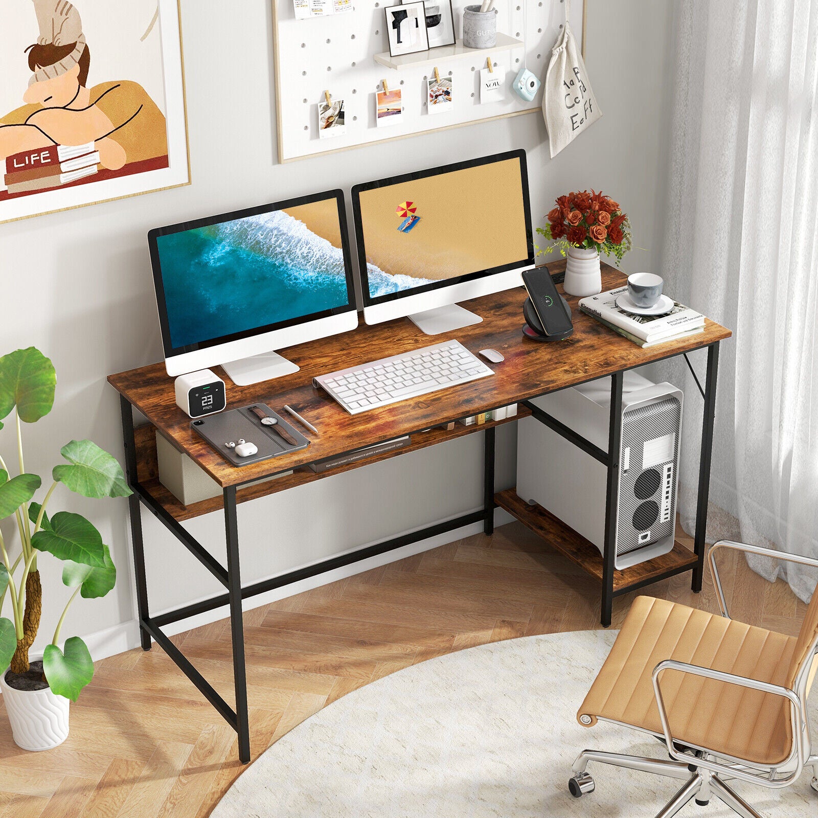 55 Inch Computer Desk with 4 Power Outlets and CPU Stand-Rustic Brown