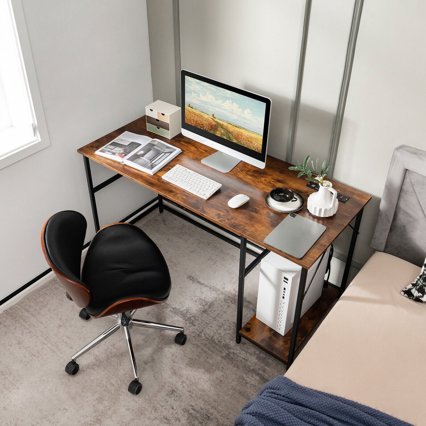 55 Inch Computer Desk with 4 Power Outlets and CPU Stand-Rustic Brown