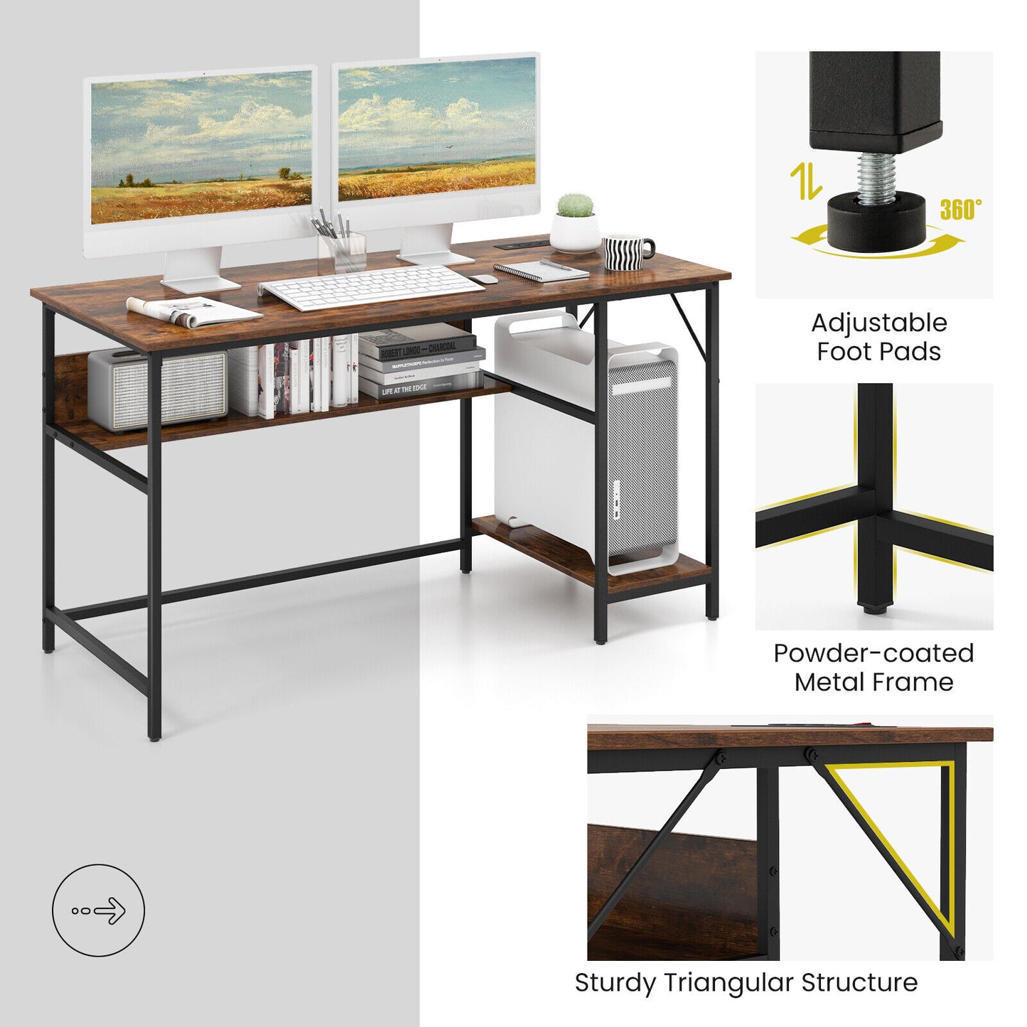 55 Inch Computer Desk with 4 Power Outlets and CPU Stand-Rustic Brown