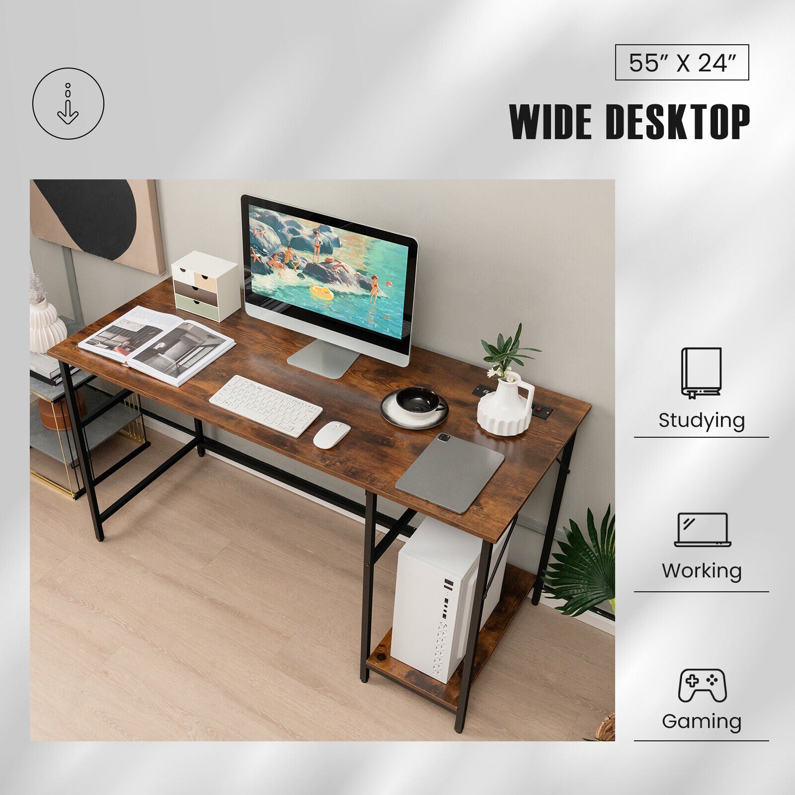 55 Inch Computer Desk with 4 Power Outlets and CPU Stand-Rustic Brown