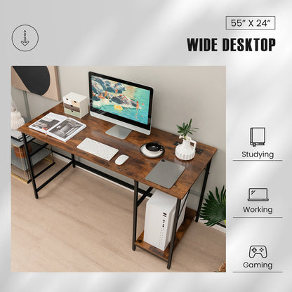 55 Inch Computer Desk with 4 Power Outlets and CPU Stand-Rustic Brown