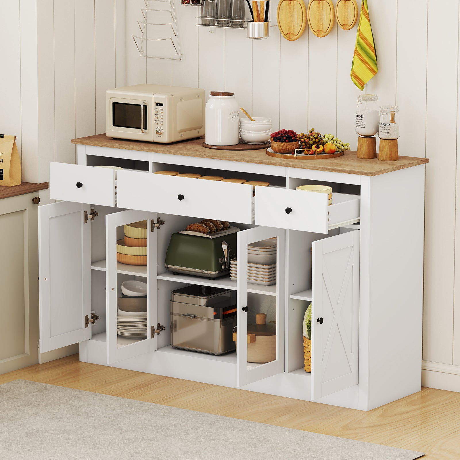 55" Large Buffet Sideboard Kitchen Storage Cabinet with 3 Drawers 2 See-through Doors Adjustable Shelves Wine Bar Table-White