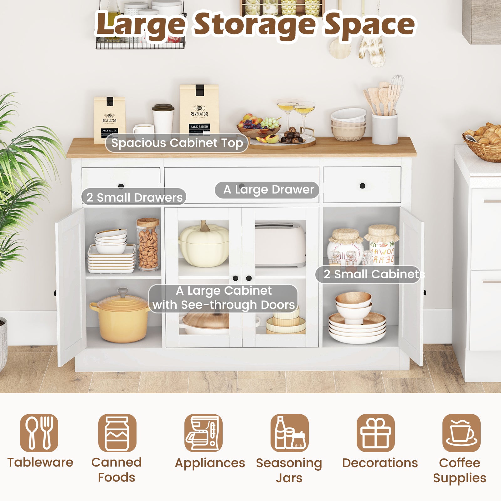 55" Large Buffet Sideboard Kitchen Storage Cabinet with 3 Drawers 2 See-through Doors Adjustable Shelves Wine Bar Table-White