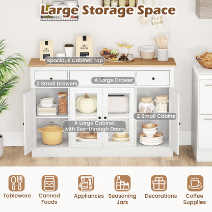 55" Large Buffet Sideboard Kitchen Storage Cabinet with 3 Drawers 2 See-through Doors Adjustable Shelves Wine Bar Table-White