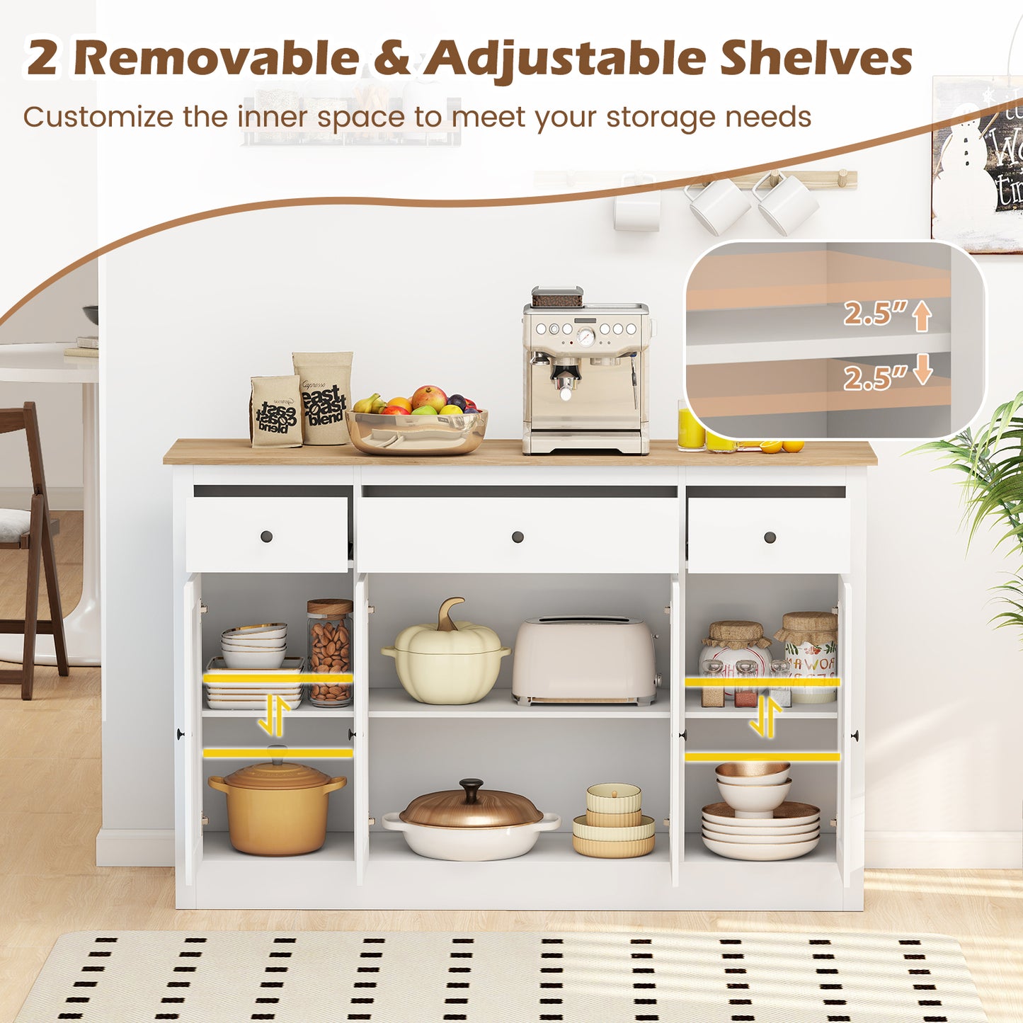55" Large Buffet Sideboard Kitchen Storage Cabinet with 3 Drawers 2 See-through Doors Adjustable Shelves Wine Bar Table-White