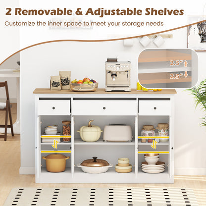 55" Large Buffet Sideboard Kitchen Storage Cabinet with 3 Drawers 2 See-through Doors Adjustable Shelves Wine Bar Table-White