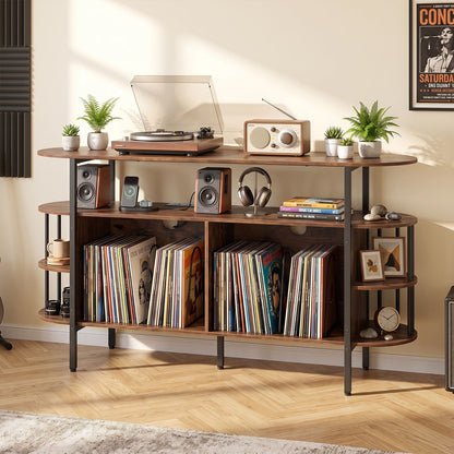 55” Record Player Stand with LED Lights and Power Outlets for Living Room