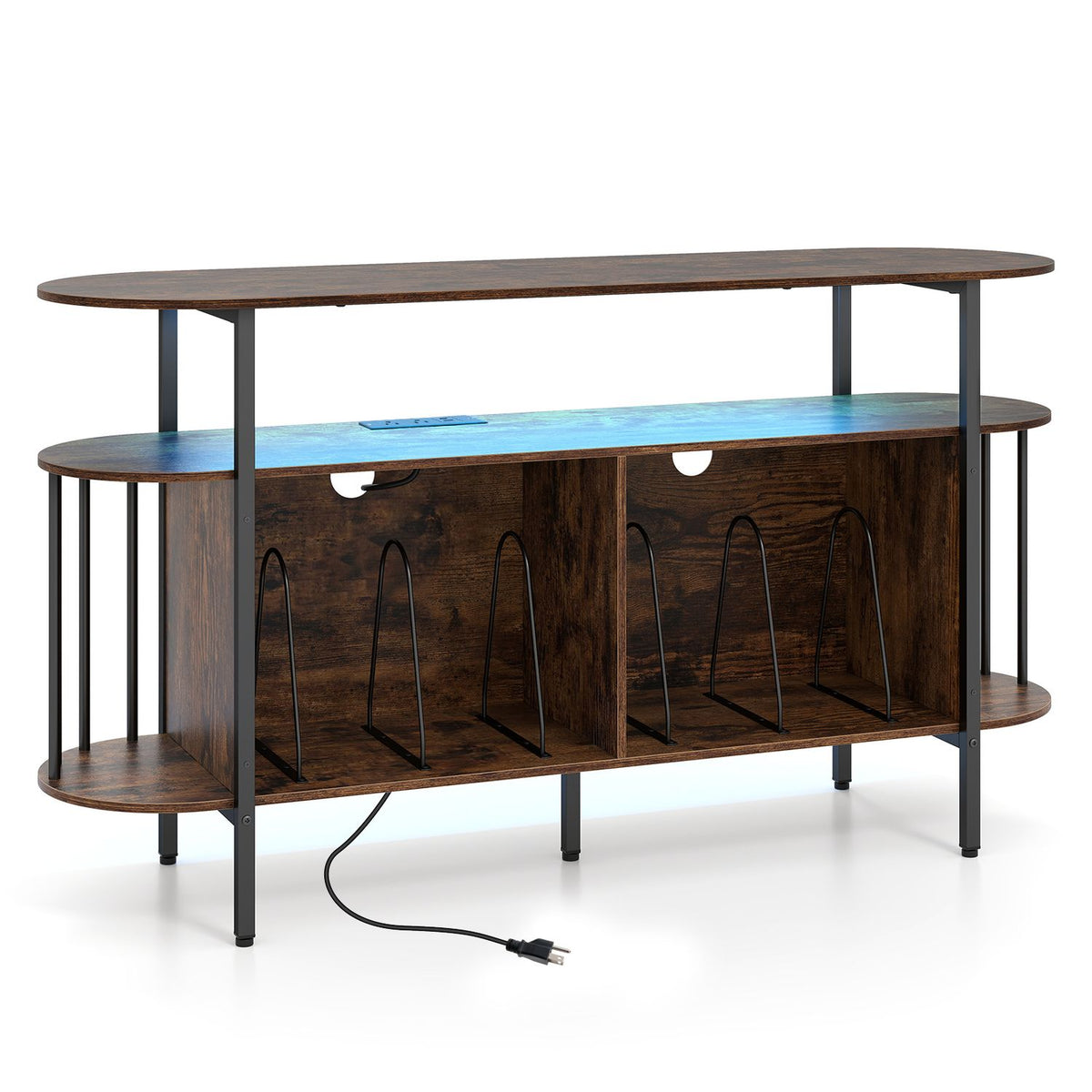 55” Record Player Stand with LED Lights and Power Outlets for Living Room