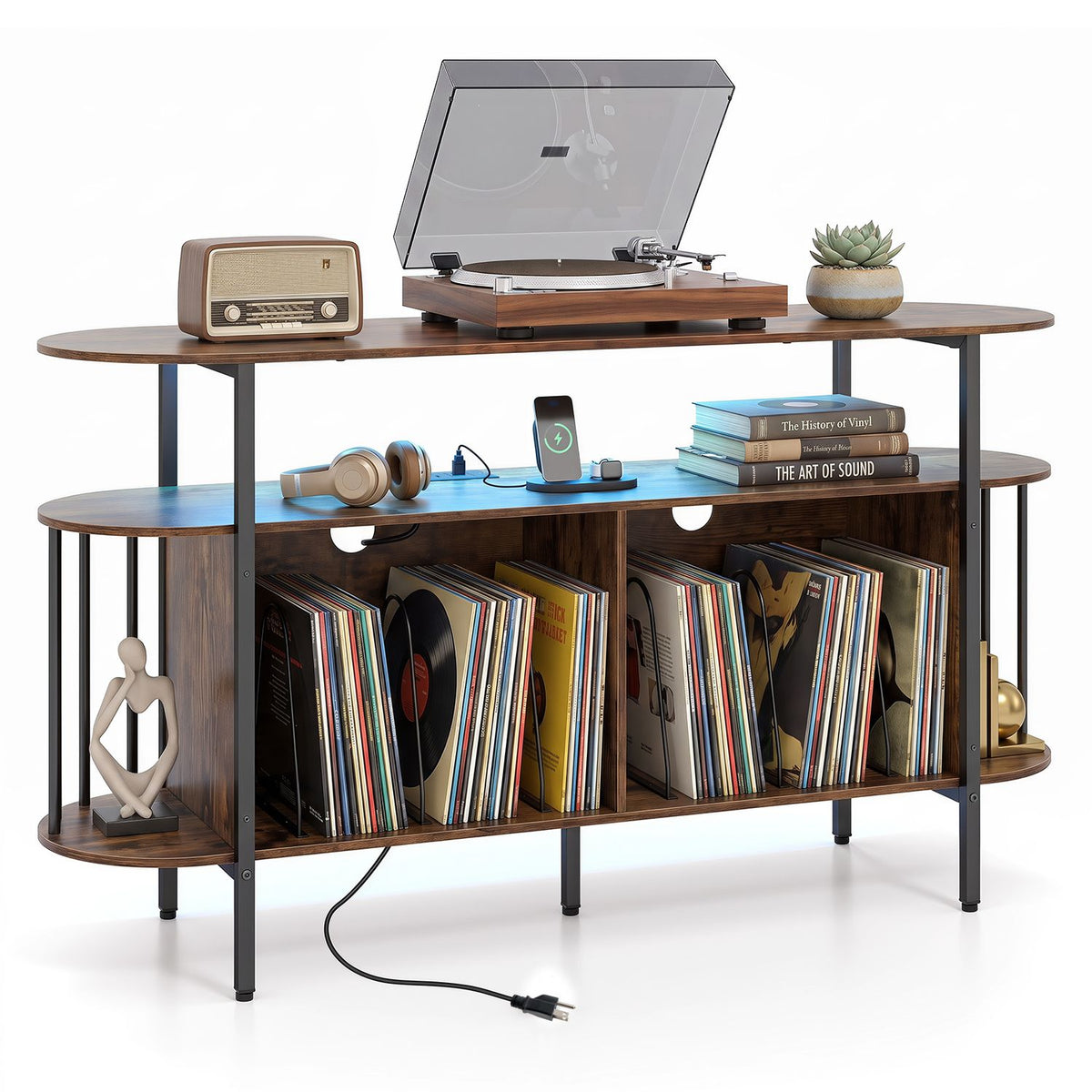 55” Record Player Stand with LED Lights and Power Outlets for Living Room