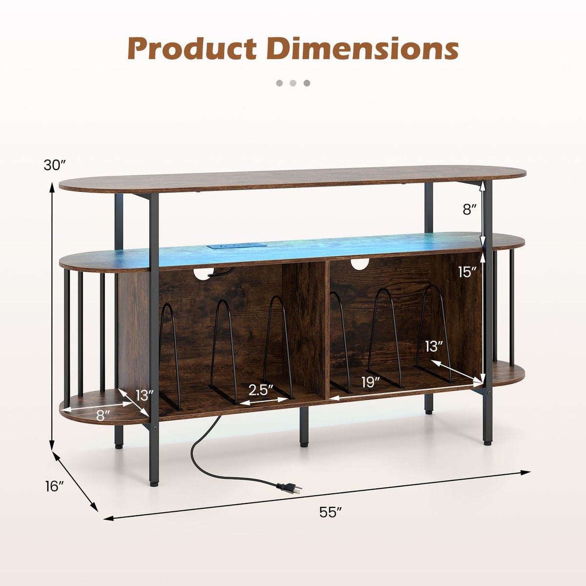 55” Record Player Stand with LED Lights and Power Outlets for Living Room