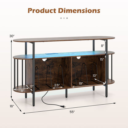 55” Record Player Stand with LED Lights and Power Outlets for Living Room