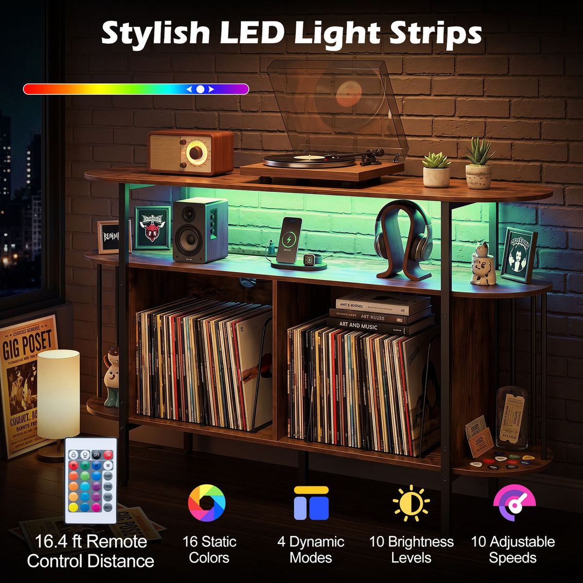 55” Record Player Stand with LED Lights and Power Outlets for Living Room