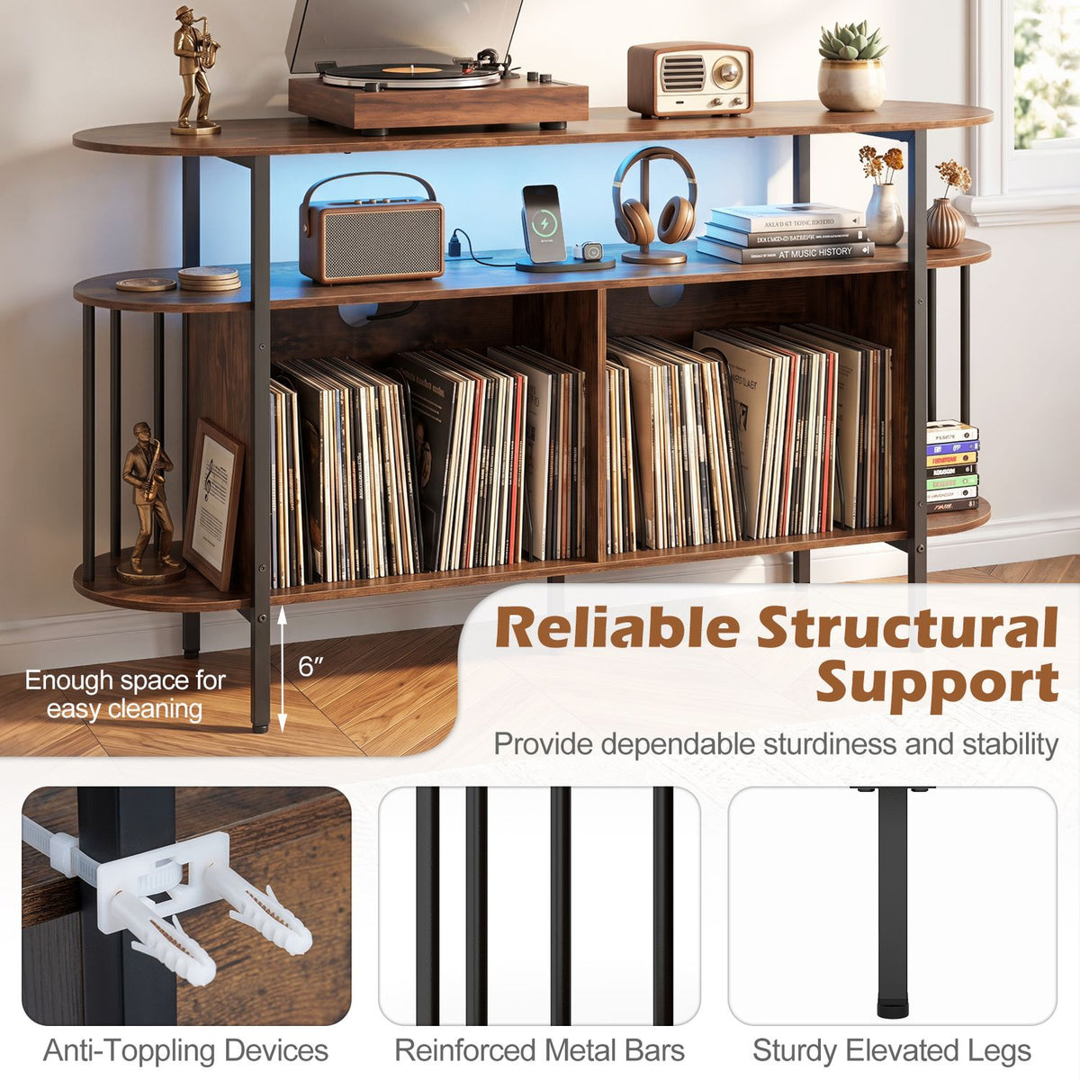 55” Record Player Stand with LED Lights and Power Outlets for Living Room