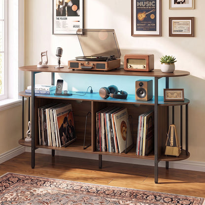 55” Record Player Stand with LED Lights and Power Outlets for Living Room