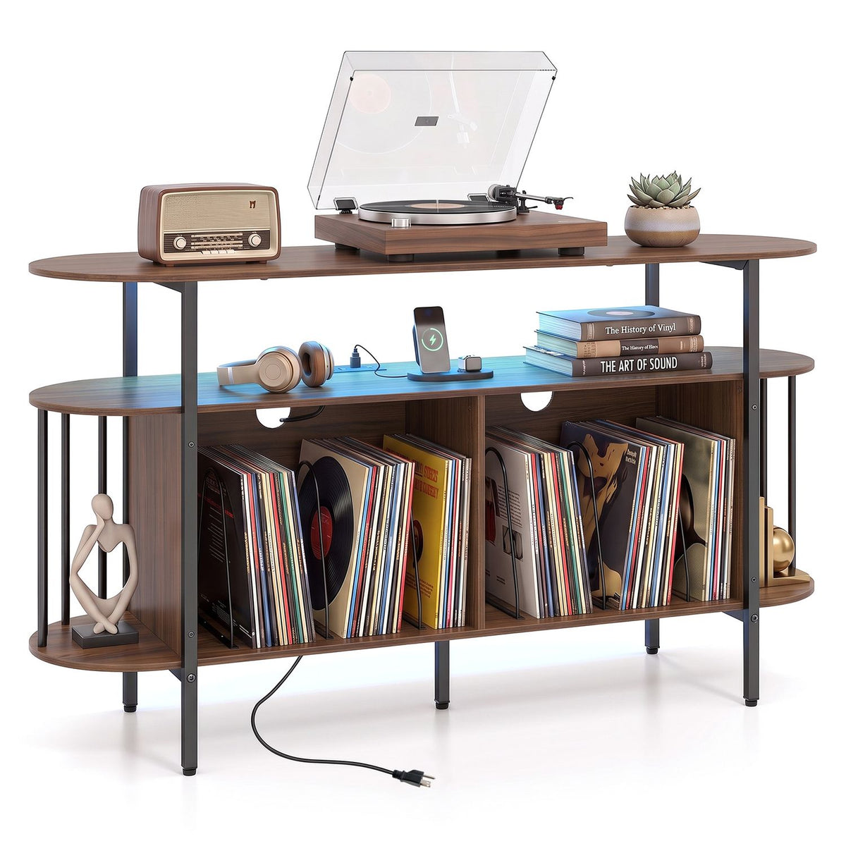 55” Record Player Stand with LED Lights and Power Outlets for Living Room