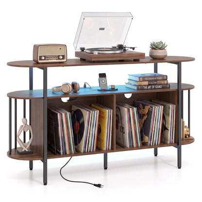 55” Record Player Stand with LED Lights and Power Outlets for Living Room