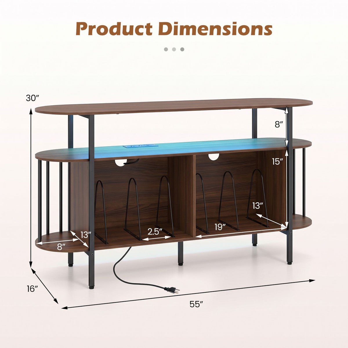 55” Record Player Stand with LED Lights and Power Outlets for Living Room