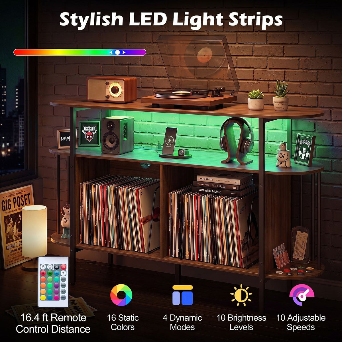 55” Record Player Stand with LED Lights and Power Outlets for Living Room