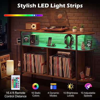 55” Record Player Stand with LED Lights and Power Outlets for Living Room