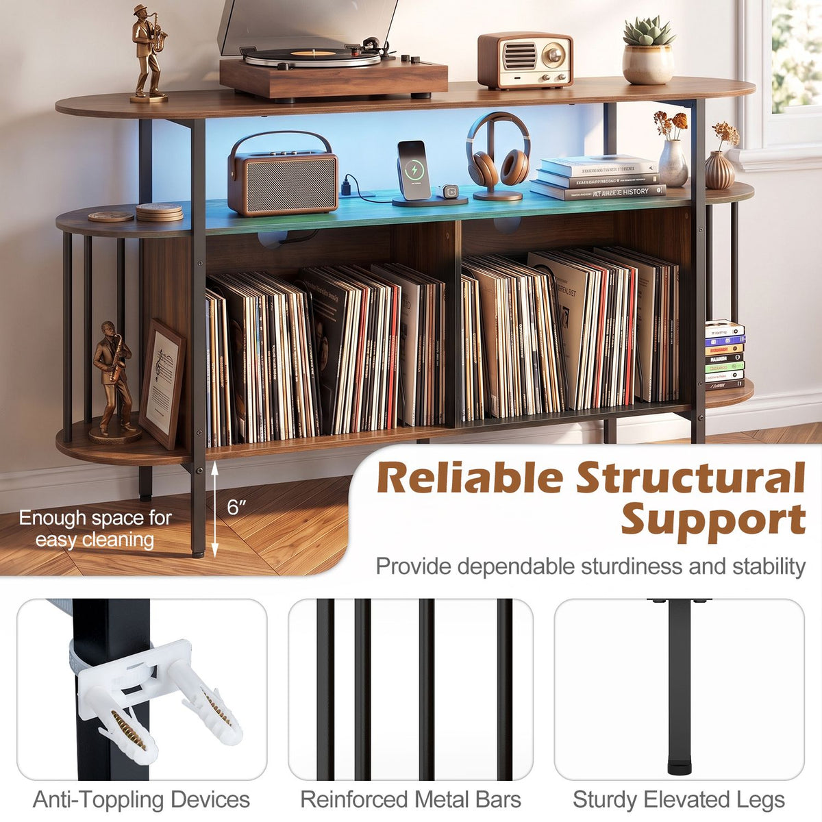 55” Record Player Stand with LED Lights and Power Outlets for Living Room