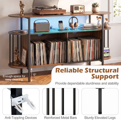 55” Record Player Stand with LED Lights and Power Outlets for Living Room