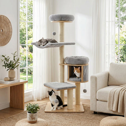 55" Solid Rubber Wood Cat Tree with Condo & Hammock