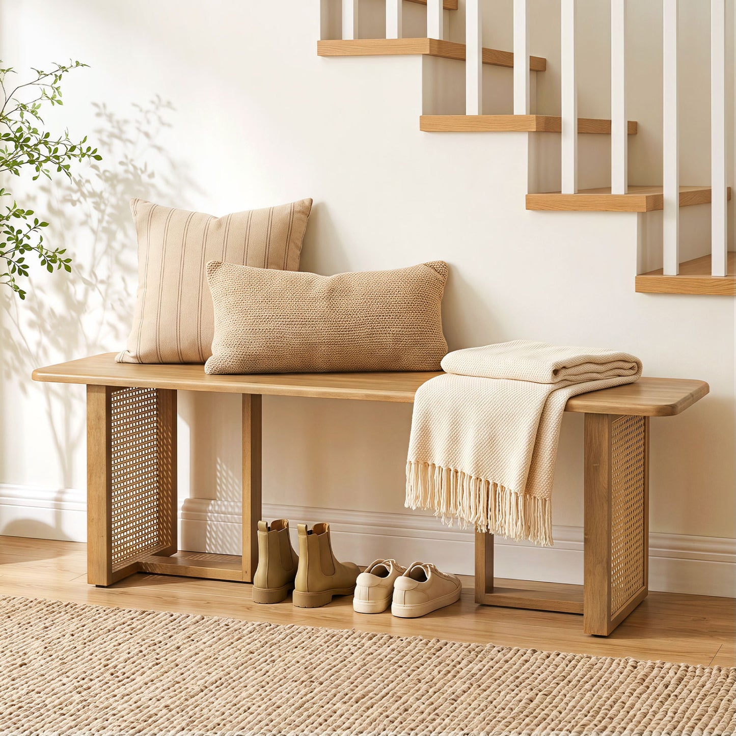 55" Rubber Wood Dining Bench with Rattan Legs