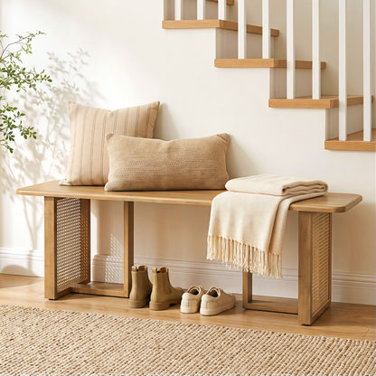 55" Rubber Wood Dining Bench with Rattan Legs