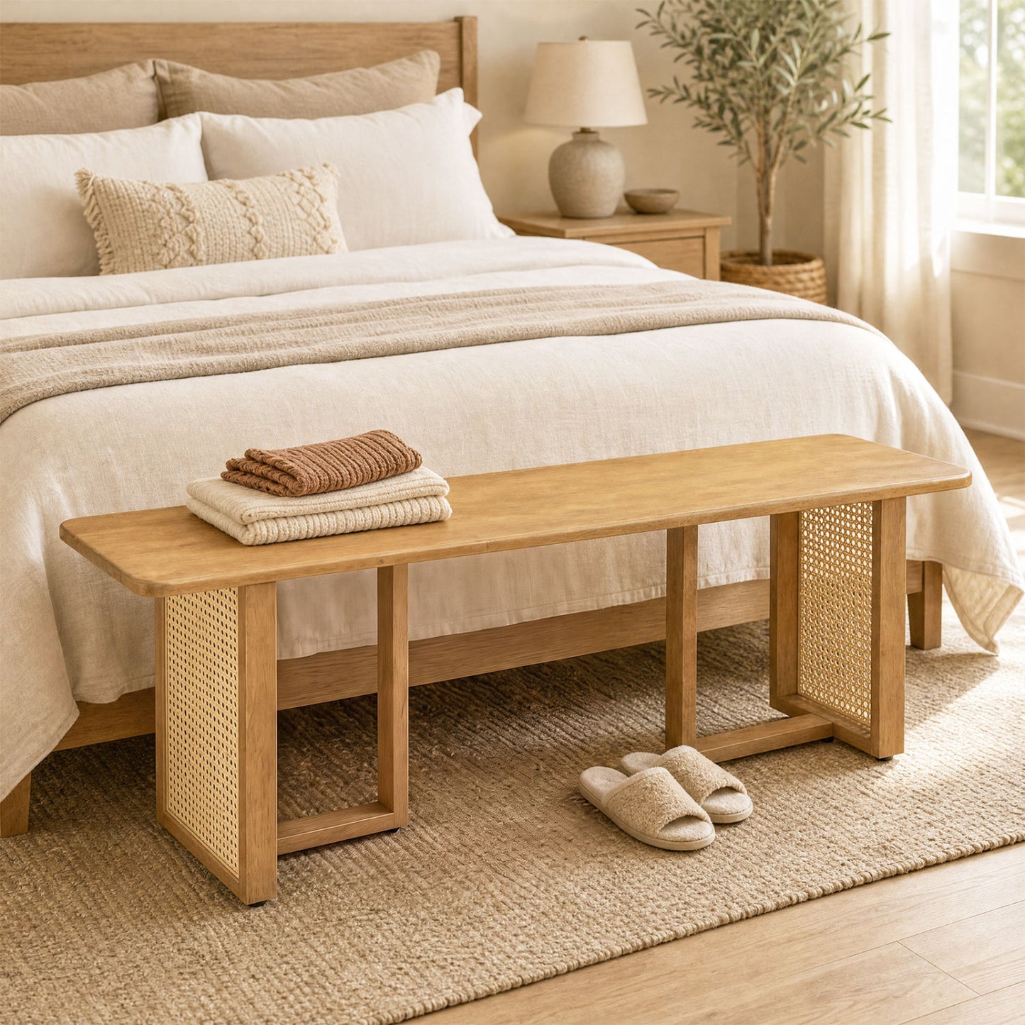 55" Rubber Wood Dining Bench with Rattan Legs