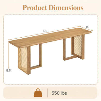 55" Rubber Wood Dining Bench with Rattan Legs