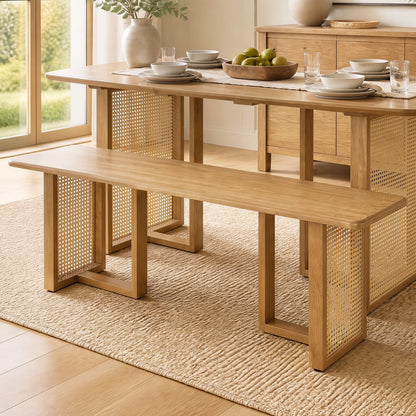 55" Rubber Wood Dining Bench with Rattan Legs