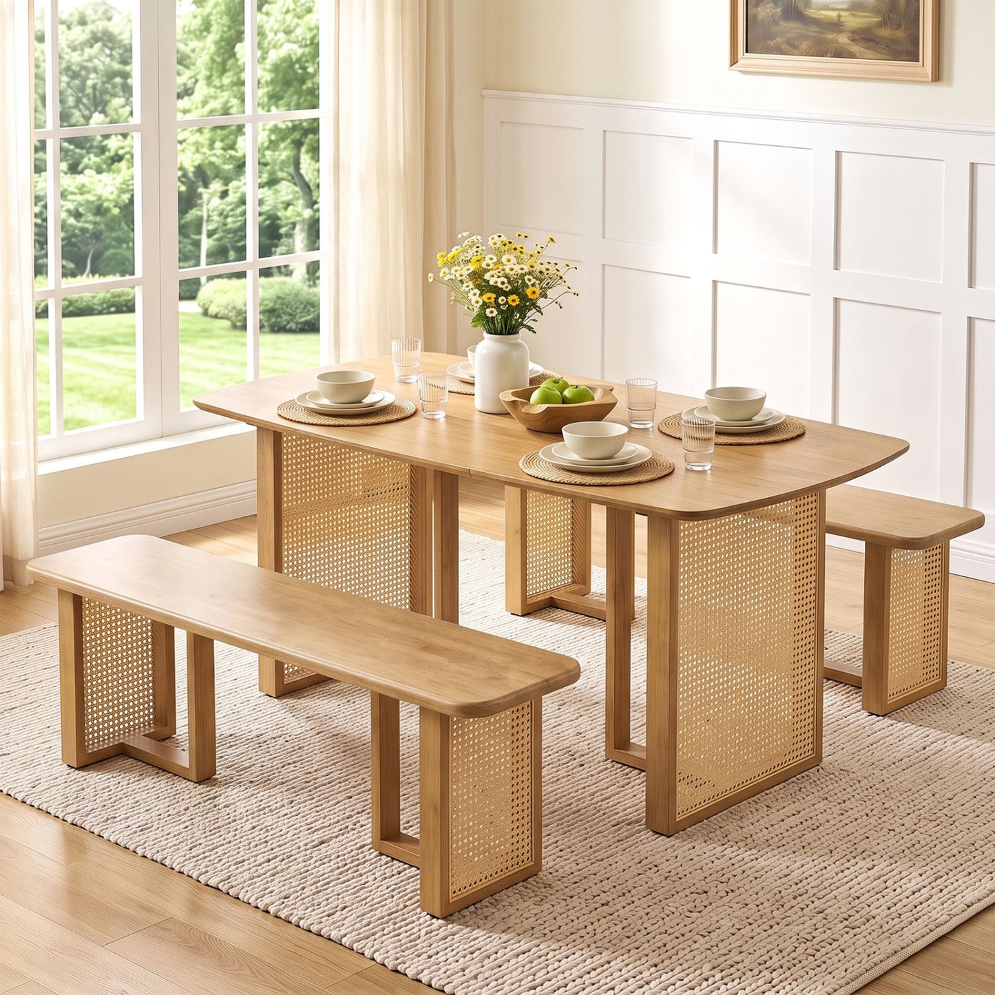 55" Rubber Wood Dining Bench with Rattan Legs