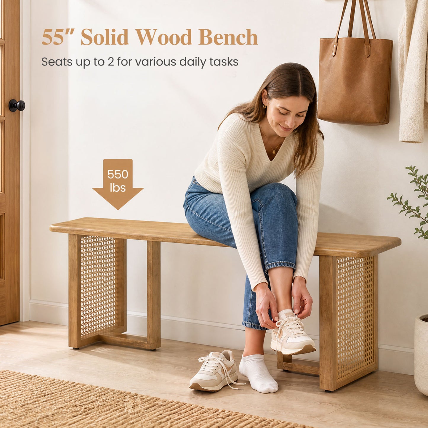 55" Rubber Wood Dining Bench with Rattan Legs
