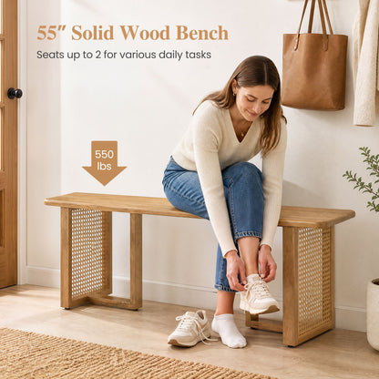 55" Rubber Wood Dining Bench with Rattan Legs