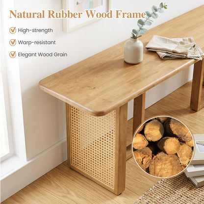 55" Rubber Wood Dining Bench with Rattan Legs