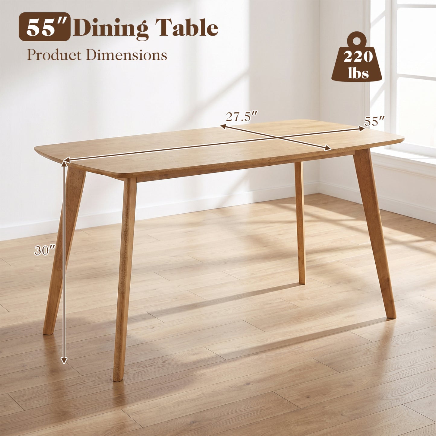 55" Solid Wood Dining Table for 4-6 People