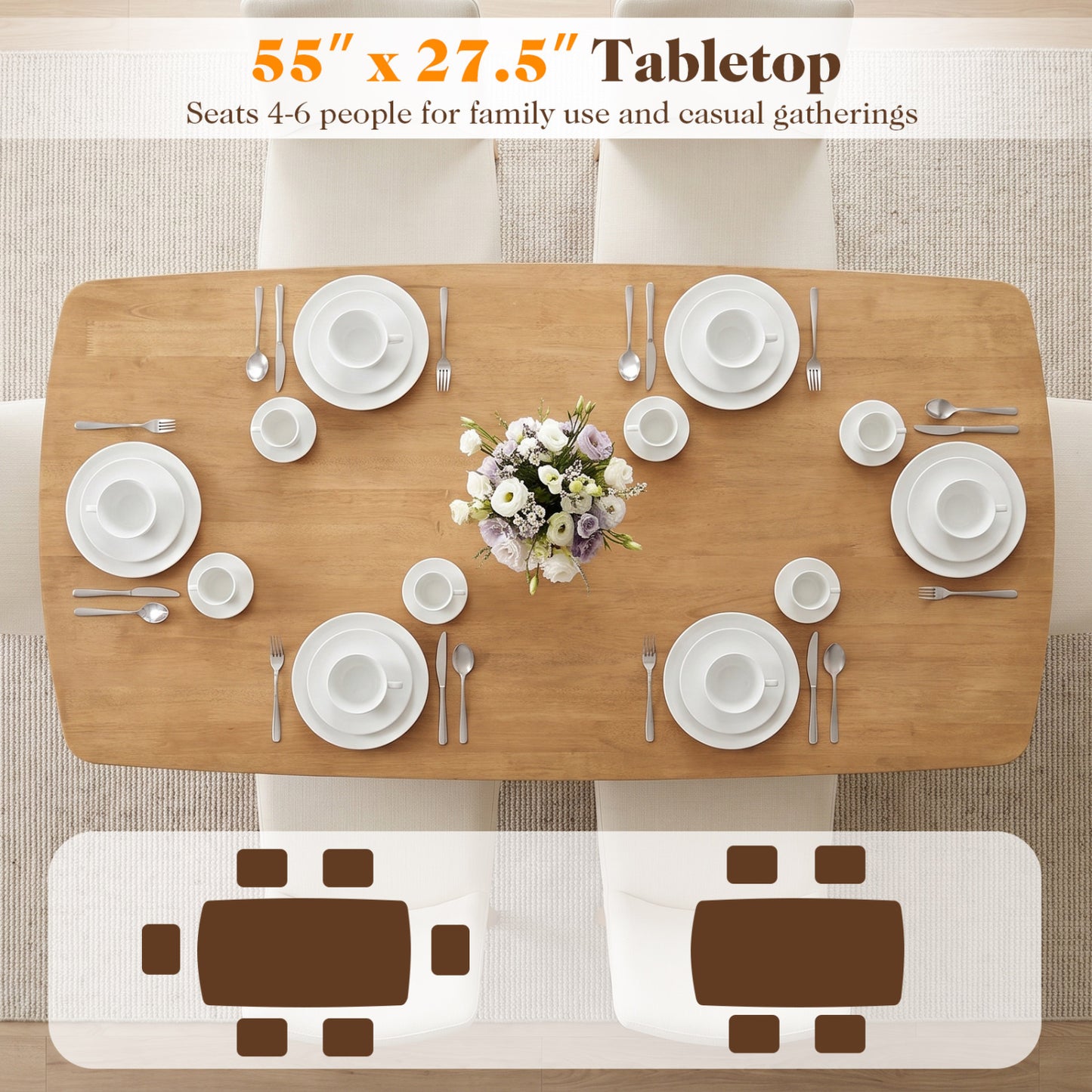 55" Solid Wood Dining Table for 4-6 People