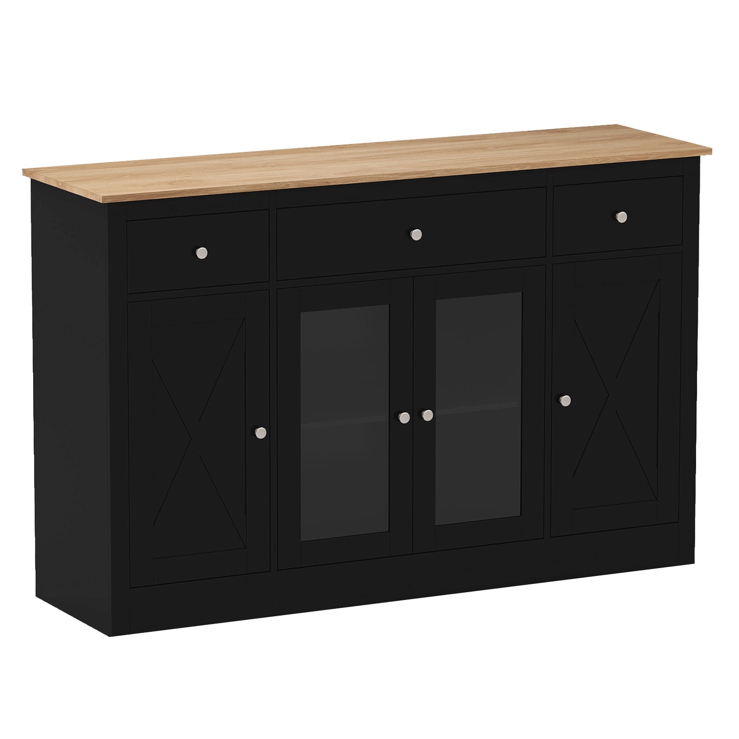 55" Large Buffet Sideboard Kitchen Storage Cabinet with 3 Drawers 2 See-through Doors Adjustable Shelves Wine Bar Table-Black