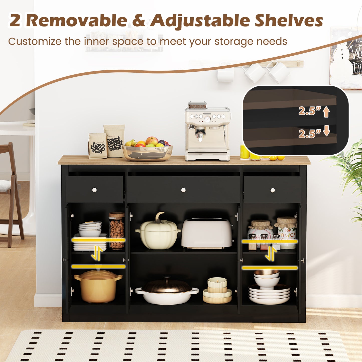 55" Large Buffet Sideboard Kitchen Storage Cabinet with 3 Drawers 2 See-through Doors Adjustable Shelves Wine Bar Table-Black
