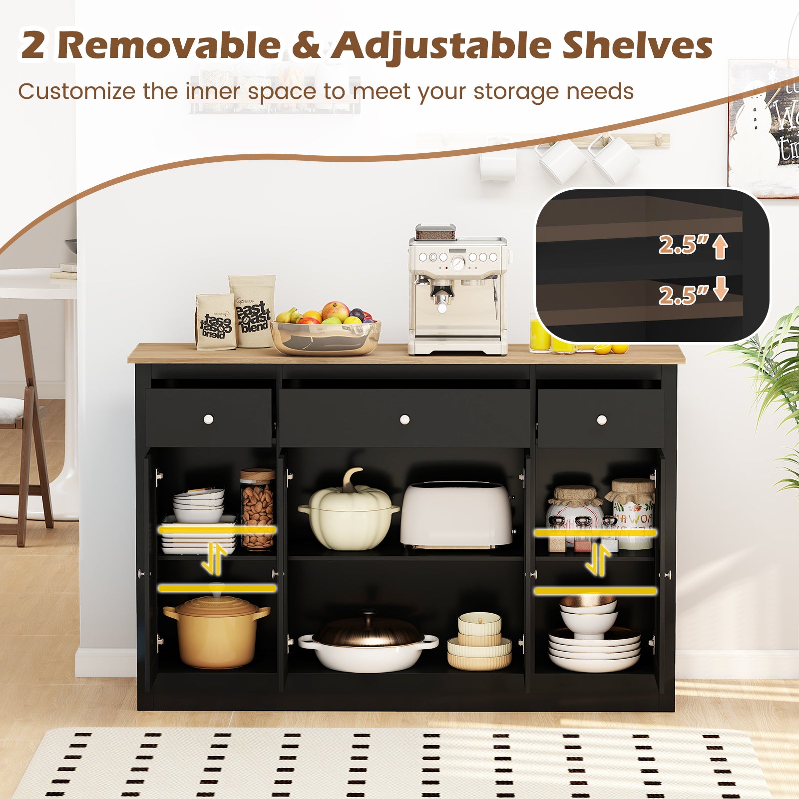 55" Large Buffet Sideboard Kitchen Storage Cabinet with 3 Drawers 2 See-through Doors Adjustable Shelves Wine Bar Table-Black