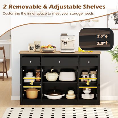 55" Large Buffet Sideboard Kitchen Storage Cabinet with 3 Drawers 2 See-through Doors Adjustable Shelves Wine Bar Table-Black