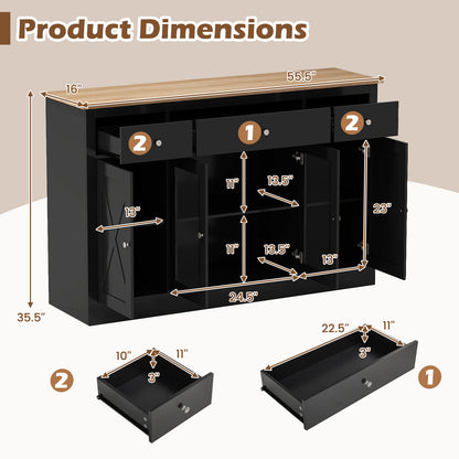 55" Large Buffet Sideboard Kitchen Storage Cabinet with 3 Drawers 2 See-through Doors Adjustable Shelves Wine Bar Table-Black