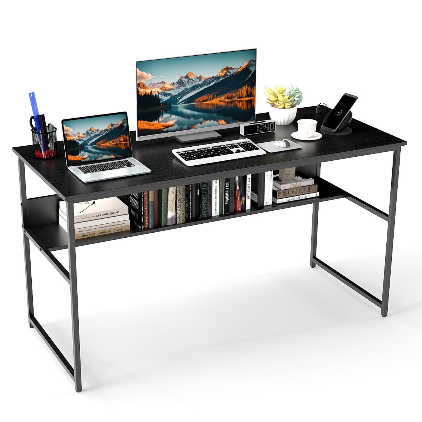 55 x 24 inch Computer Desk with Power Outlets and USB Ports-Black