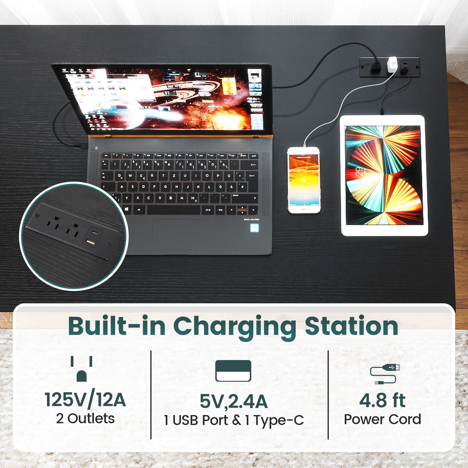55 x 24 inch Computer Desk with Power Outlets and USB Ports-Black
