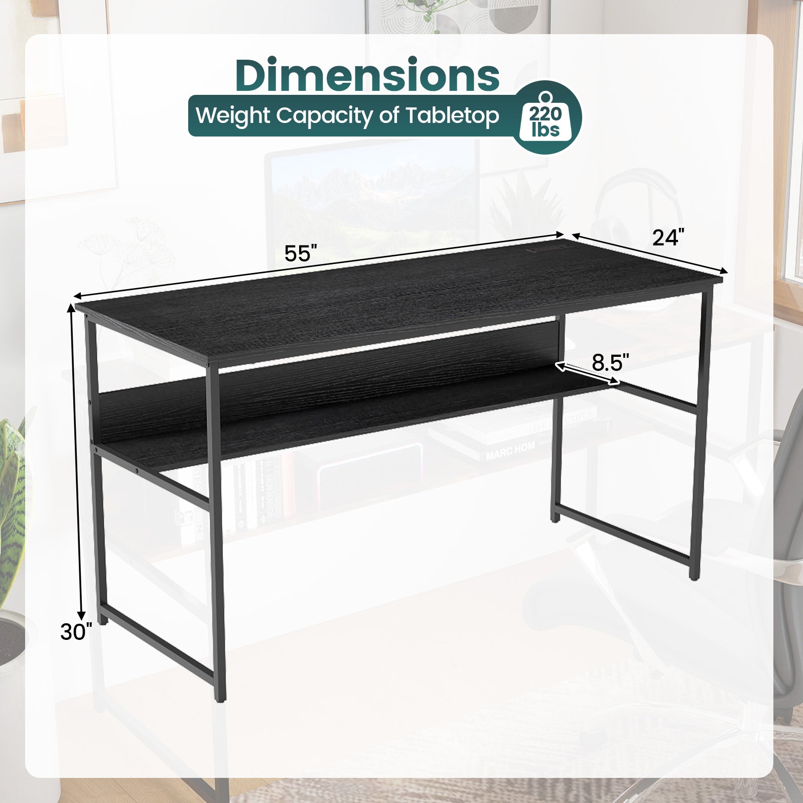 55 x 24 inch Computer Desk with Power Outlets and USB Ports-Black